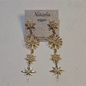Natasha‎ Gold Tone Jeweled Starburst Dangle Chandelier Earrings New